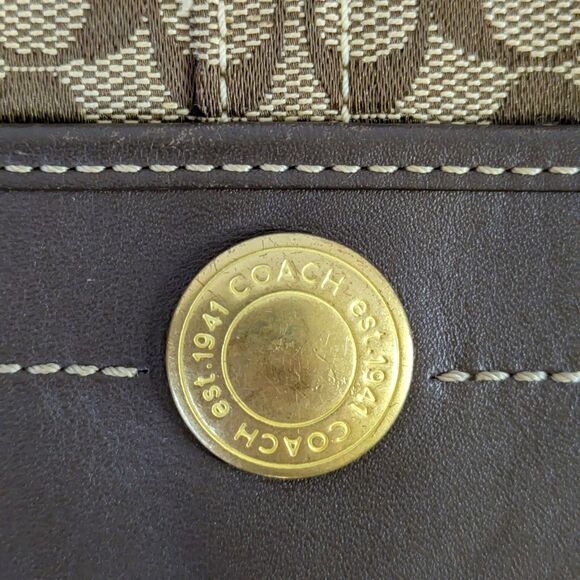 Coach Brown and Tan Leather Canvas Signature C Logo Jacquard Wristlet - Picture 3 of 9